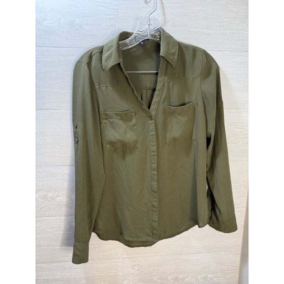 Express Olive Green Button-Up Blouse With Front Pockets & Roll-Tab Sleeves Women - Picture 6 of 10